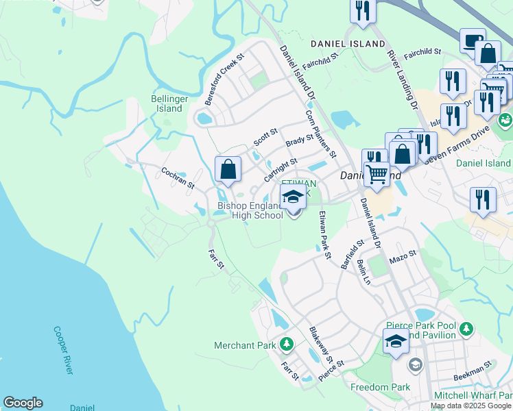 map of restaurants, bars, coffee shops, grocery stores, and more near 187 Cartright Street in Charleston