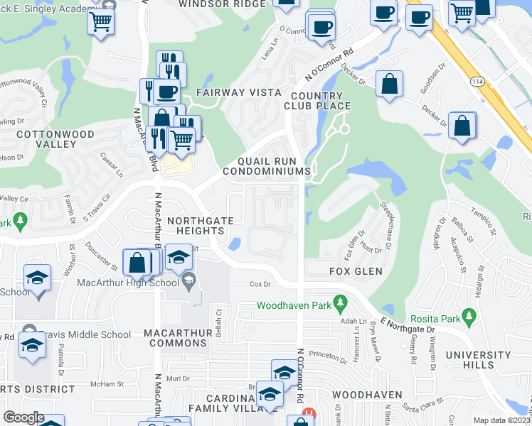 map of restaurants, bars, coffee shops, grocery stores, and more near 4235 North O'Connor Road in Irving