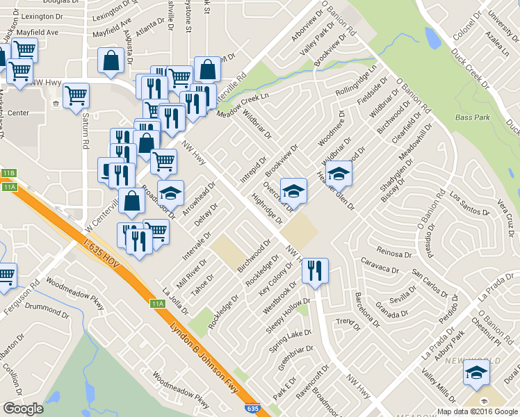 map of restaurants, bars, coffee shops, grocery stores, and more near 5017 Highridge Drive in Garland