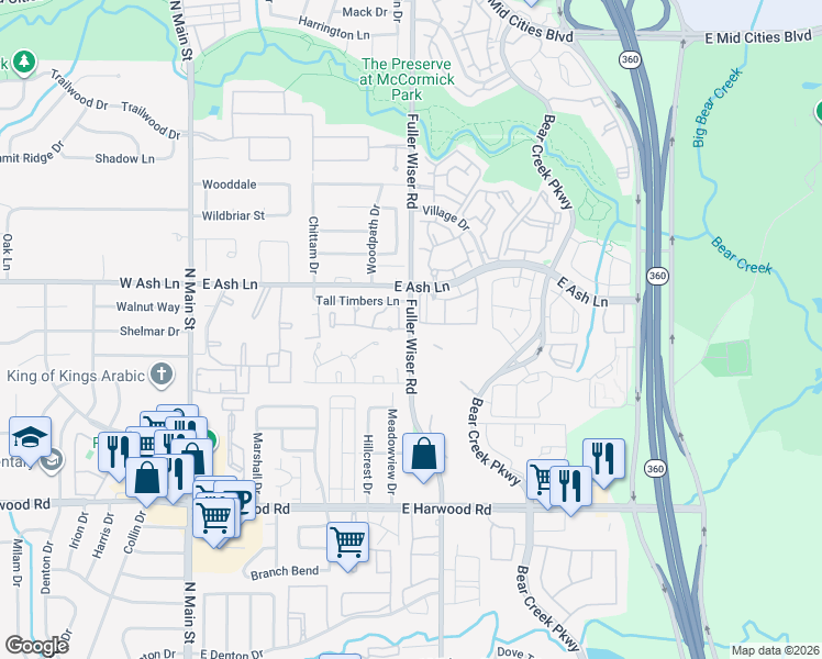 map of restaurants, bars, coffee shops, grocery stores, and more near Fuller-Wiser Road in Euless
