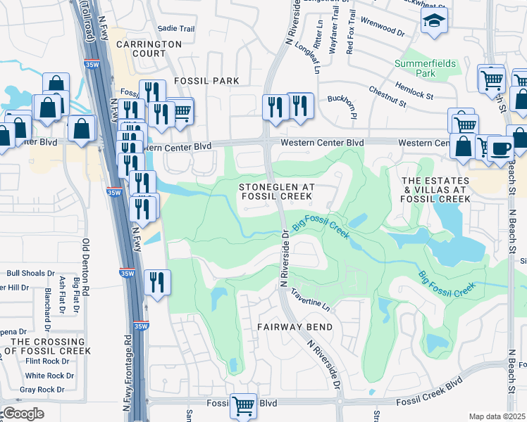 map of restaurants, bars, coffee shops, grocery stores, and more near 3536 Stone Creek Way in Fort Worth