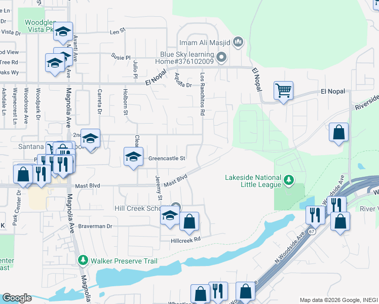 map of restaurants, bars, coffee shops, grocery stores, and more near 9925 Donner Street in Santee