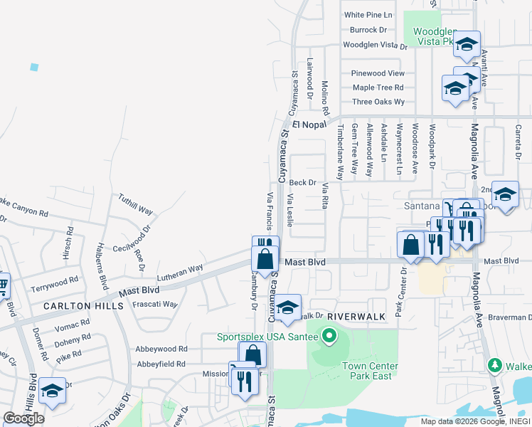 map of restaurants, bars, coffee shops, grocery stores, and more near 9922 Via Francis in Santee