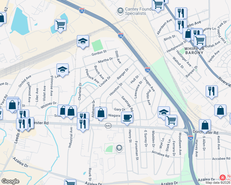 map of restaurants, bars, coffee shops, grocery stores, and more near 2751 Houston St in North Charleston