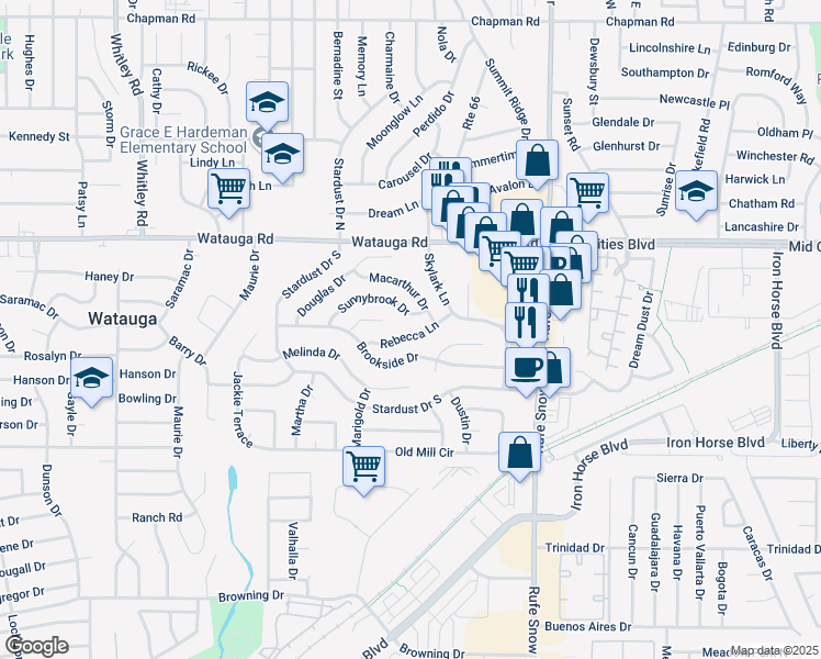 map of restaurants, bars, coffee shops, grocery stores, and more near 6413 Rebecca Lane in Watauga