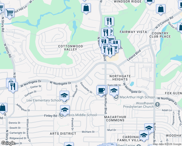 map of restaurants, bars, coffee shops, grocery stores, and more near 1226 West Northgate Drive in Irving