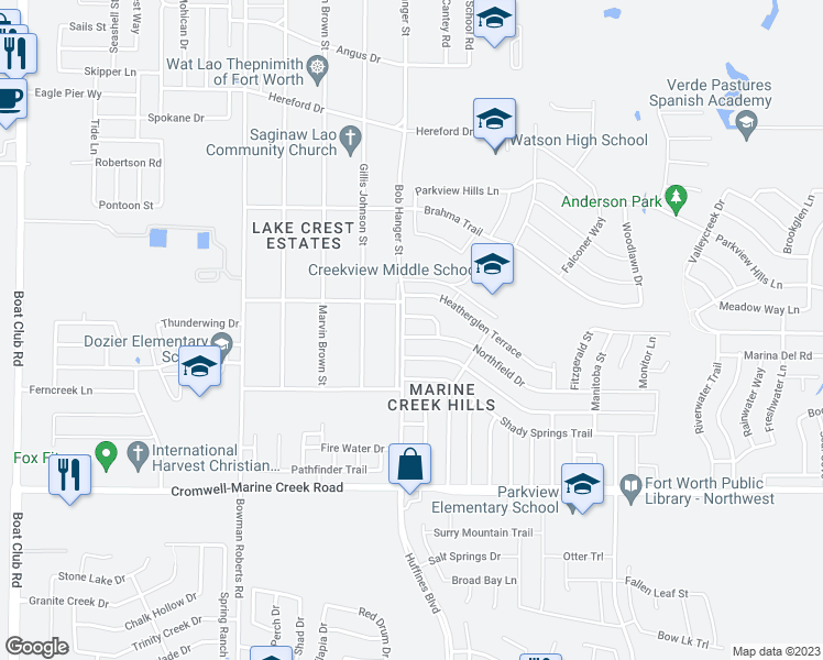 map of restaurants, bars, coffee shops, grocery stores, and more near 5920 Northfield Drive in Fort Worth