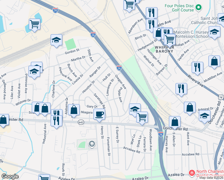 map of restaurants, bars, coffee shops, grocery stores, and more near 2671 Lawrence Street in North Charleston
