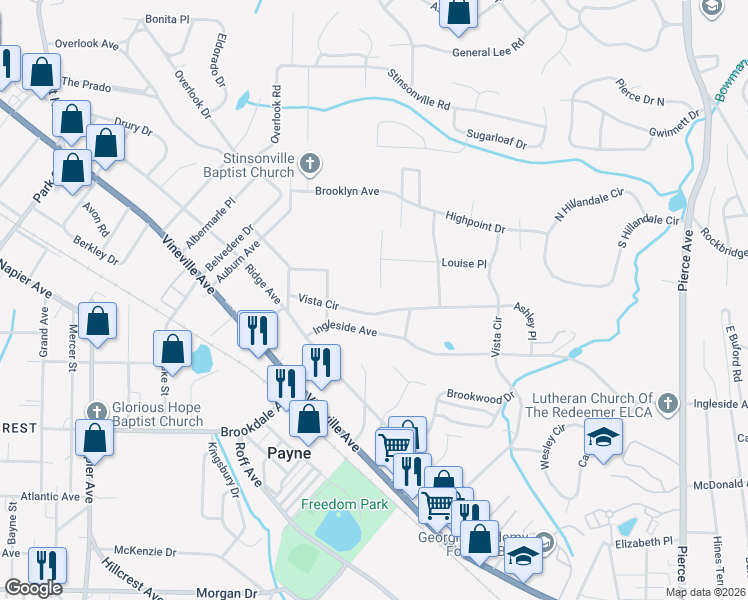map of restaurants, bars, coffee shops, grocery stores, and more near 3245 Vista Circle in Macon