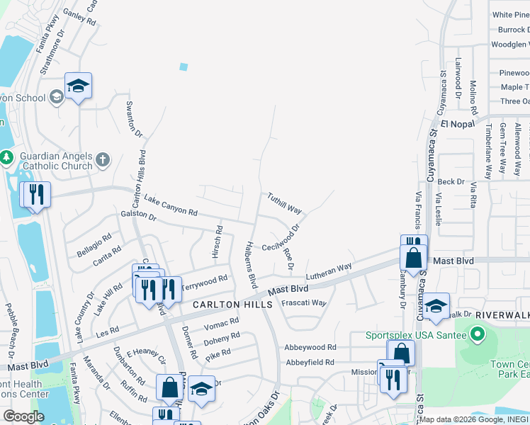 map of restaurants, bars, coffee shops, grocery stores, and more near 9508 Markwood Drive in Santee