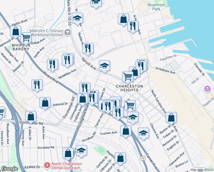 map of restaurants, bars, coffee shops, grocery stores, and more near 3336 Kraft Avenue in North Charleston