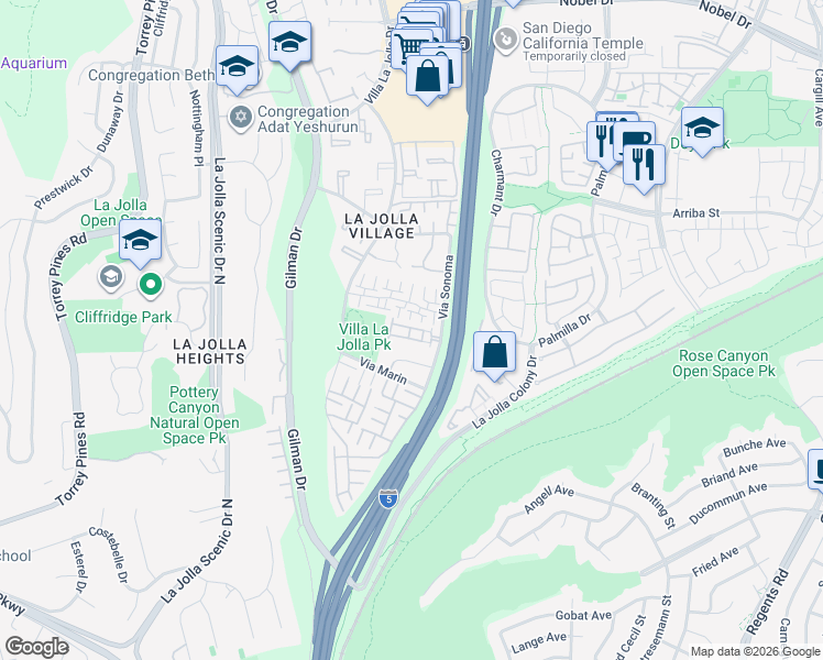 map of restaurants, bars, coffee shops, grocery stores, and more near 8350 Via Sonoma in San Diego