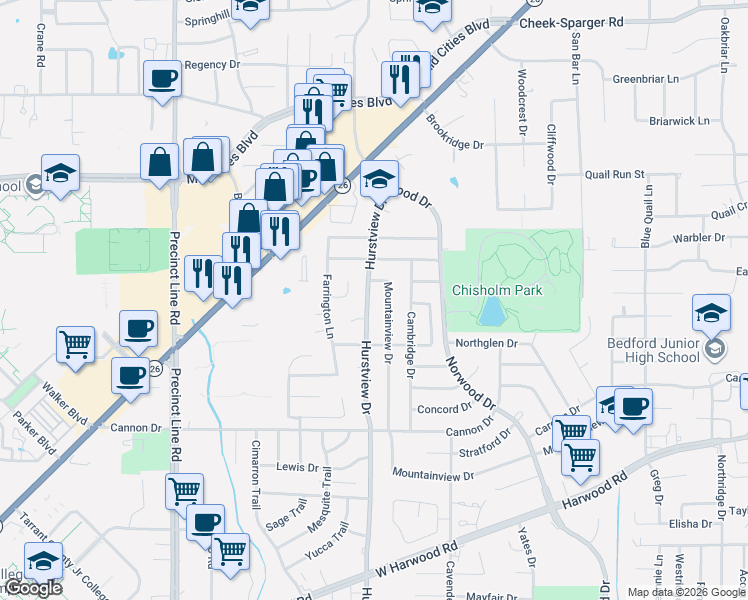 map of restaurants, bars, coffee shops, grocery stores, and more near 2228 Hurstview Dr in Hurst