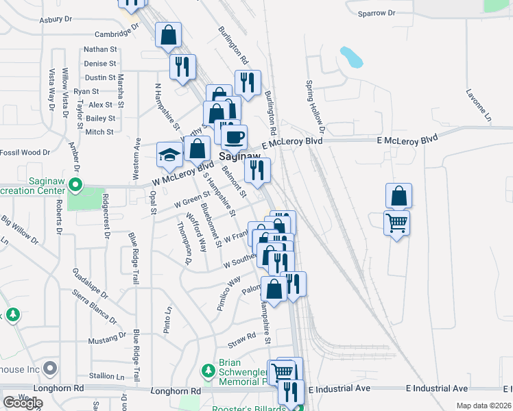 map of restaurants, bars, coffee shops, grocery stores, and more near 228 Belmont Street in Saginaw