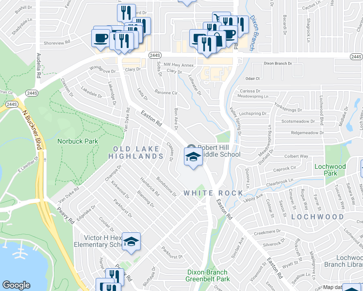 map of restaurants, bars, coffee shops, grocery stores, and more near 443 Easton Road in Dallas