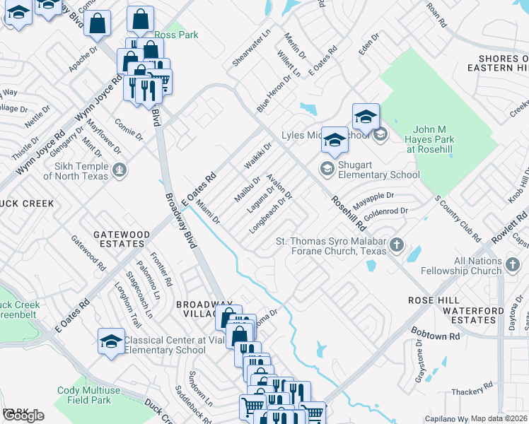 map of restaurants, bars, coffee shops, grocery stores, and more near 733 Longbeach Drive in Garland