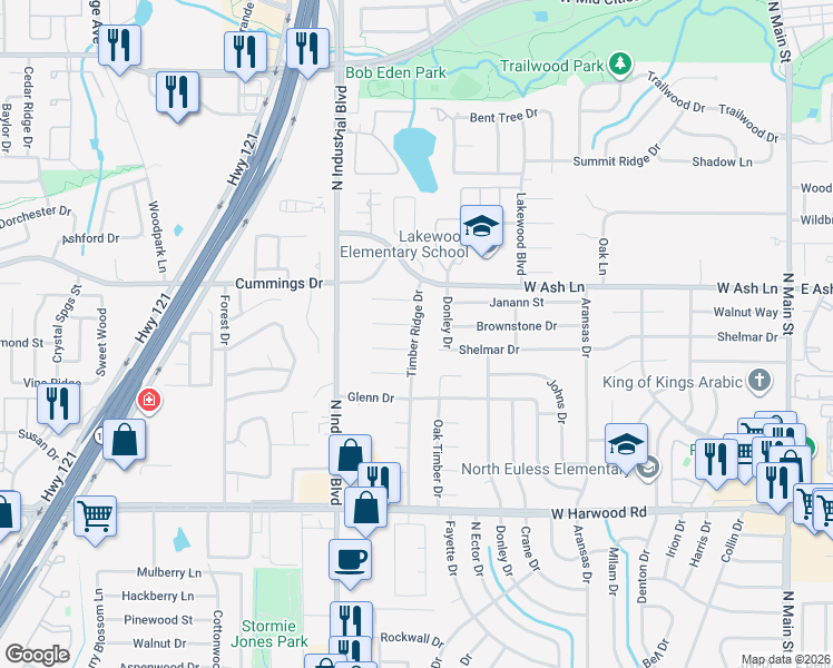 map of restaurants, bars, coffee shops, grocery stores, and more near 1500 Timber Ridge Drive in Euless