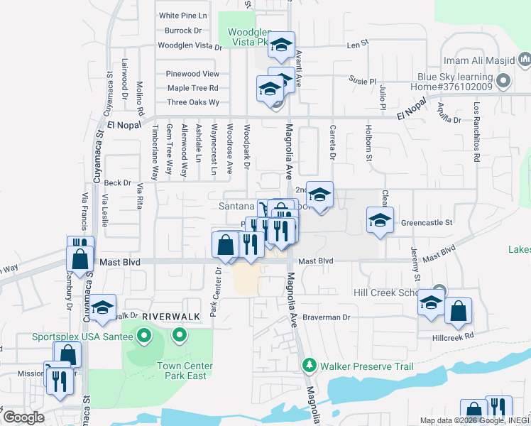 map of restaurants, bars, coffee shops, grocery stores, and more near 10265 Carefree Drive in Santee