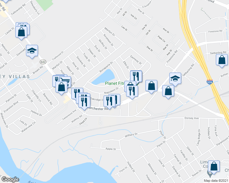map of restaurants, bars, coffee shops, grocery stores, and more near 5117a Napoleon Drive in North Charleston