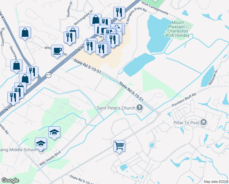 map of restaurants, bars, coffee shops, grocery stores, and more near 1221 Porchers Bluff Road in Mount Pleasant