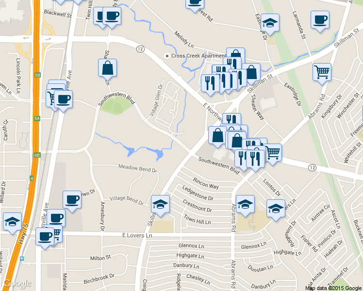 map of restaurants, bars, coffee shops, grocery stores, and more near 8890 Southwestern Boulevard in Dallas