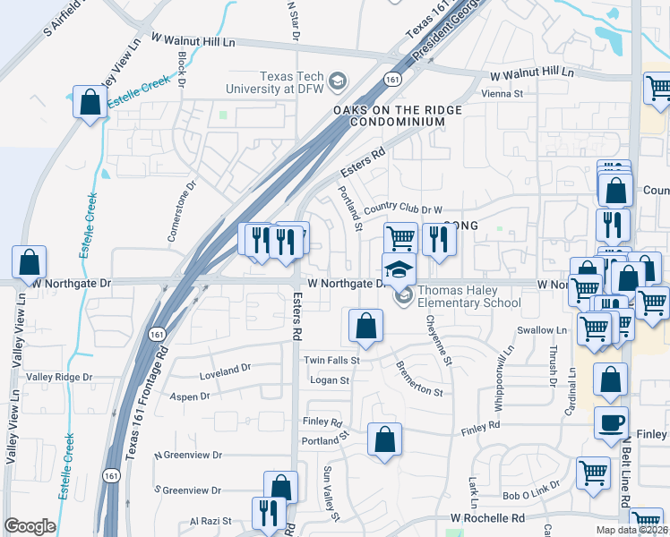 map of restaurants, bars, coffee shops, grocery stores, and more near 4013 West Northgate Drive in Irving