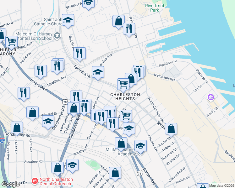 map of restaurants, bars, coffee shops, grocery stores, and more near 1912 Ubank Street in North Charleston