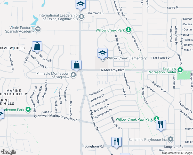 map of restaurants, bars, coffee shops, grocery stores, and more near 1113-1133 West McLeroy Boulevard in Saginaw