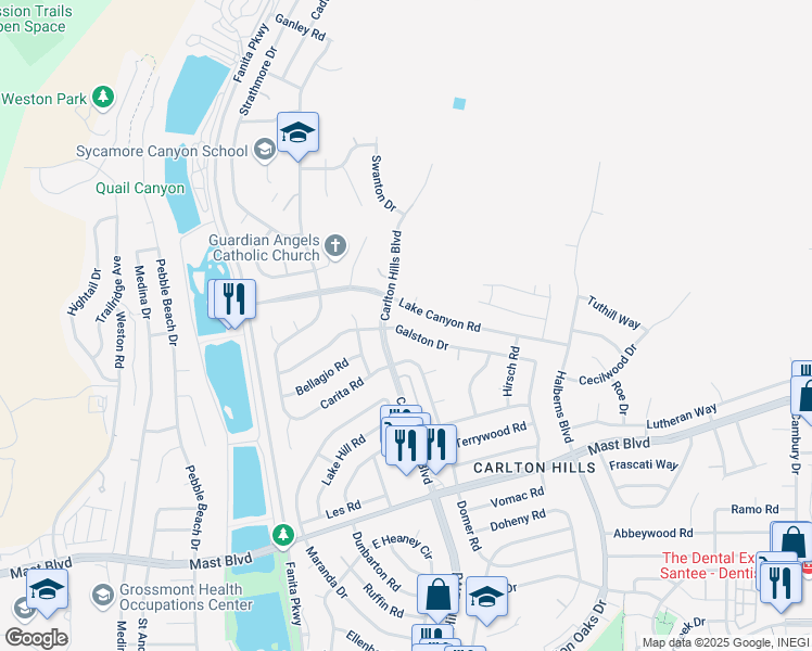 map of restaurants, bars, coffee shops, grocery stores, and more near 9412 Galston Drive in Santee