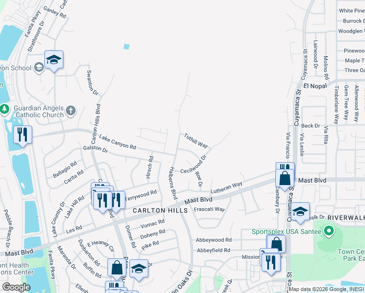 map of restaurants, bars, coffee shops, grocery stores, and more near 9508 Markwood Drive in Santee