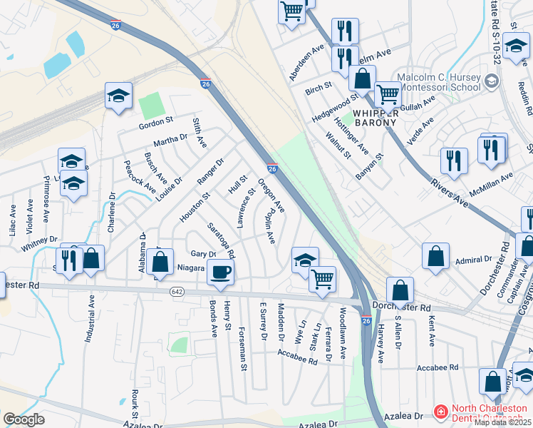map of restaurants, bars, coffee shops, grocery stores, and more near 2658 Poplin Avenue in North Charleston