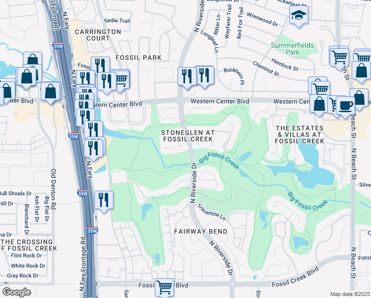 map of restaurants, bars, coffee shops, grocery stores, and more near 3536 Stone Creek Way in Fort Worth