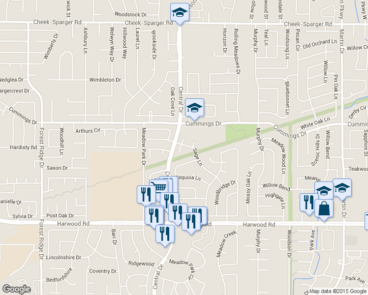 map of restaurants, bars, coffee shops, grocery stores, and more near 3308 South Sage Court in Bedford