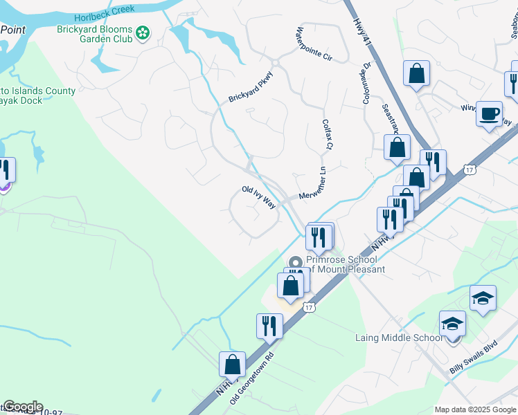 map of restaurants, bars, coffee shops, grocery stores, and more near 1167 Holly Bend Drive in Mount Pleasant