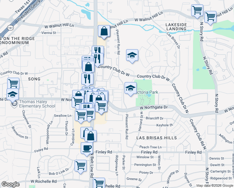 map of restaurants, bars, coffee shops, grocery stores, and more near 3101 West Northgate Drive in Irving