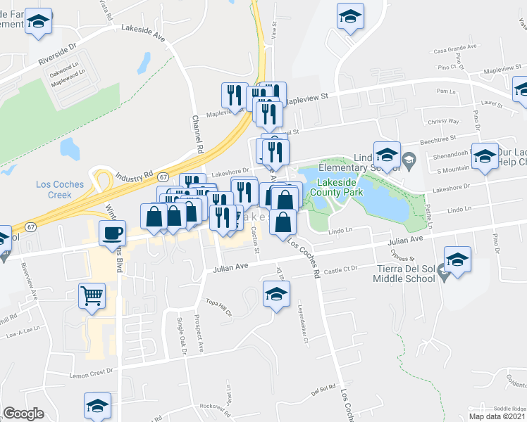 map of restaurants, bars, coffee shops, grocery stores, and more near 12464 Woodside Avenue in Lakeside