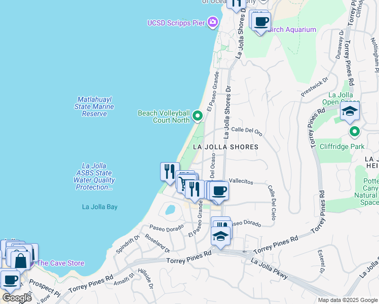 map of restaurants, bars, coffee shops, grocery stores, and more near 8324 La Vereda in San Diego