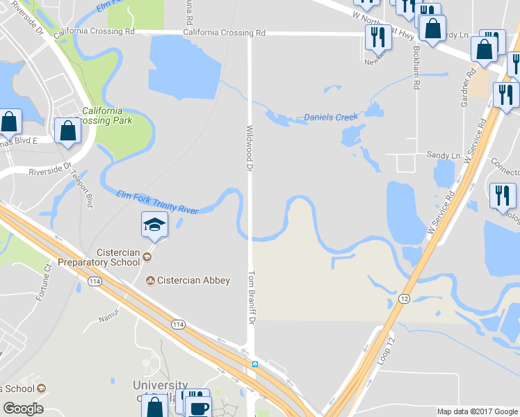 map of restaurants, bars, coffee shops, grocery stores, and more near 10400 Wildwood Drive in Dallas