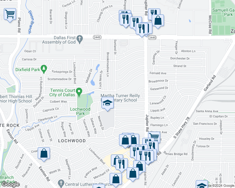 map of restaurants, bars, coffee shops, grocery stores, and more near 11836 Sunland Street in Dallas