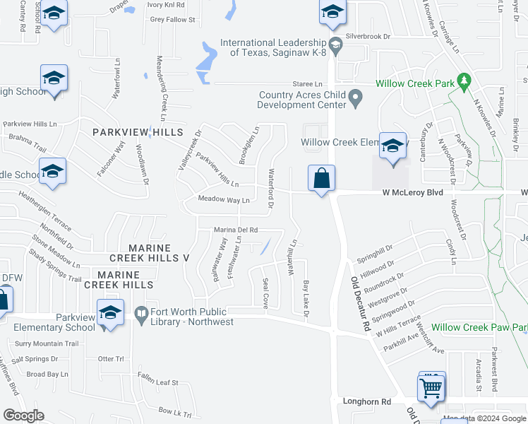 map of restaurants, bars, coffee shops, grocery stores, and more near 4852 Waterford Drive in Fort Worth