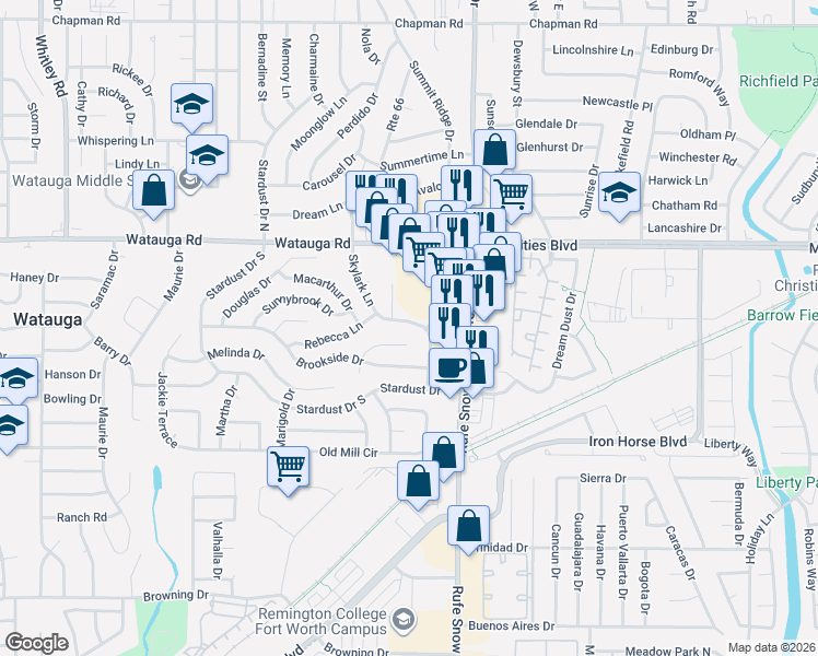 map of restaurants, bars, coffee shops, grocery stores, and more near 6153 Skylark Ln in Watauga