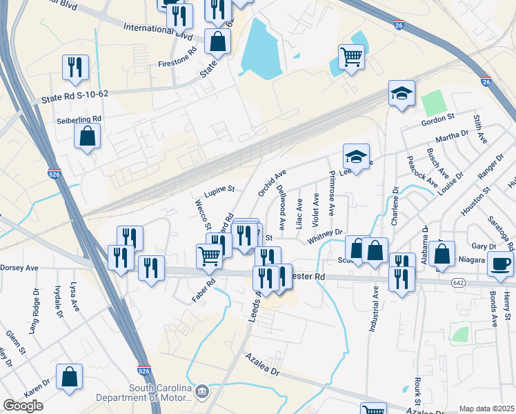 map of restaurants, bars, coffee shops, grocery stores, and more near 2639 Orchid Avenue in North Charleston
