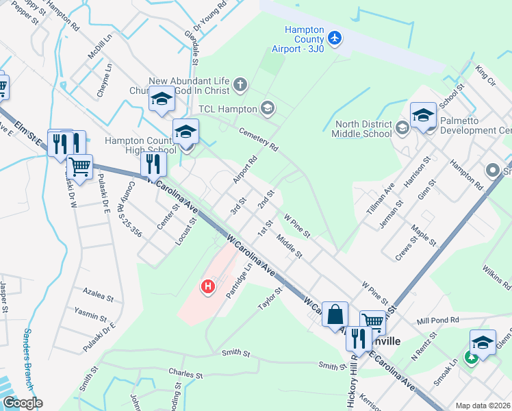 map of restaurants, bars, coffee shops, grocery stores, and more near 131 2nd Street in Varnville