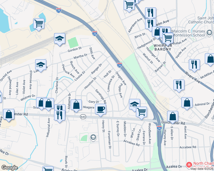 map of restaurants, bars, coffee shops, grocery stores, and more near 2671 Lawrence Street in North Charleston