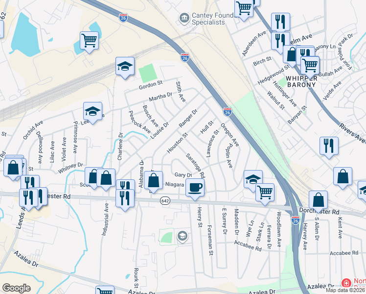 map of restaurants, bars, coffee shops, grocery stores, and more near 2751 Houston Street in North Charleston