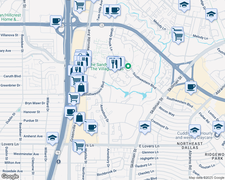 map of restaurants, bars, coffee shops, grocery stores, and more near 8200 Southwestern Boulevard in Dallas
