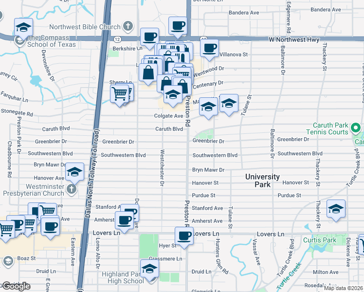 map of restaurants, bars, coffee shops, grocery stores, and more near in University Park