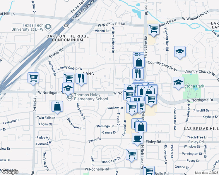 map of restaurants, bars, coffee shops, grocery stores, and more near 3649 West Northgate Drive in Irving
