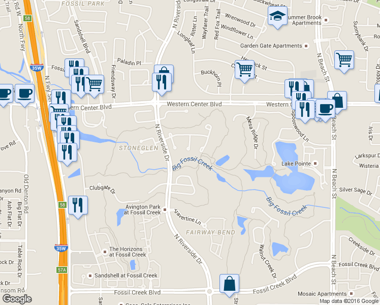 map of restaurants, bars, coffee shops, grocery stores, and more near 6400 Stone Creek Meadow Court in Fort Worth