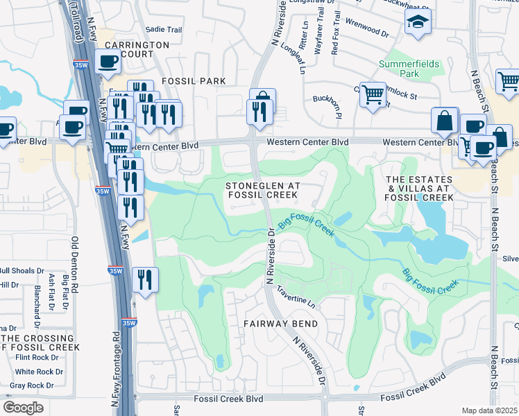 map of restaurants, bars, coffee shops, grocery stores, and more near 3536 Stone Creek Way in Fort Worth